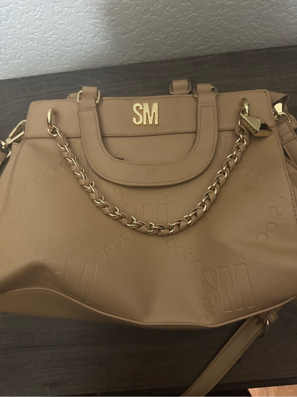 Tan Leather Tote Bag with Gold Chain